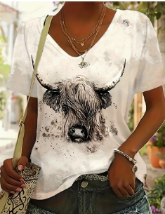 Fashionable Womens Cow Head Print V Neck T-Shirt - Stylish Graphic, Short Sleeve, Lightweight & Comfortable