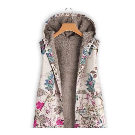 Vest with Vintage Print Hood and Mid-Length For Warmth