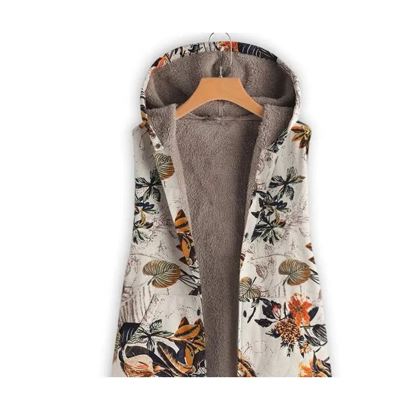 Vest with Vintage Print Hood and Mid-Length For Warmth
