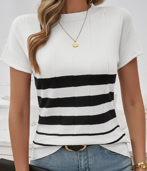Round Neck Strip Knit Fit Short Sleeve Top