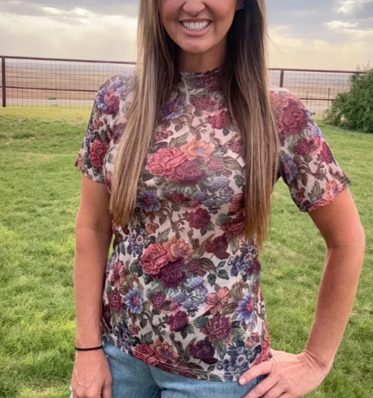 Vintage Floral Short Sleeve Mesh Top