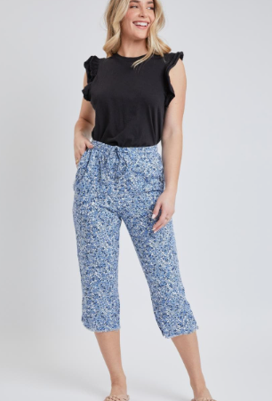 High Rise Linen Capri Pant With Frayed Pocket And Hem