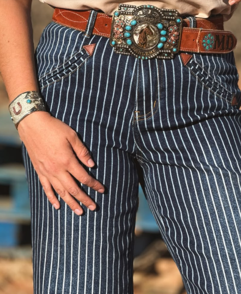 Dark Wash Striped Cuffed Boyfriend Western Arrow Contrast Pocket Jeans (28in Inseam)