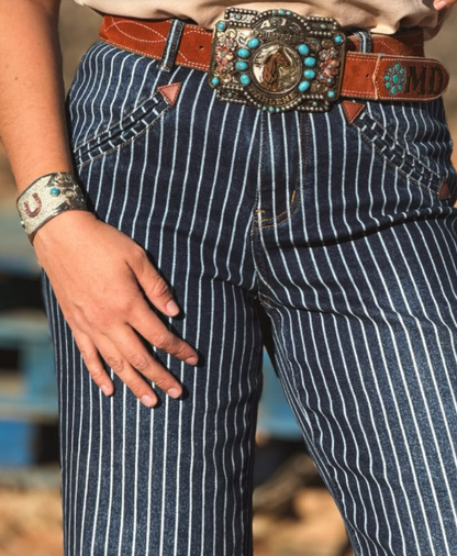 Dark Wash Striped Cuffed Boyfriend Western Arrow Contrast Pocket Jeans (28in Inseam)