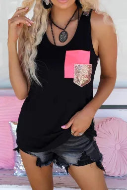 Casual Sequin Pocket Patchwork Leopard Tank Top