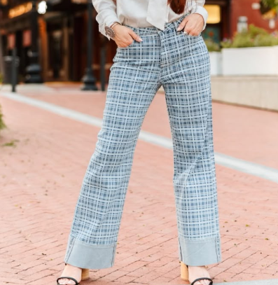 Light Wash Plaid Laser Printed High Rise Cuffed Wide Leg Jeans (31in Inseam)