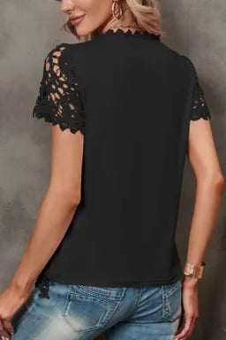 Black Lace Overlay Cut Out Short Sleeve Top