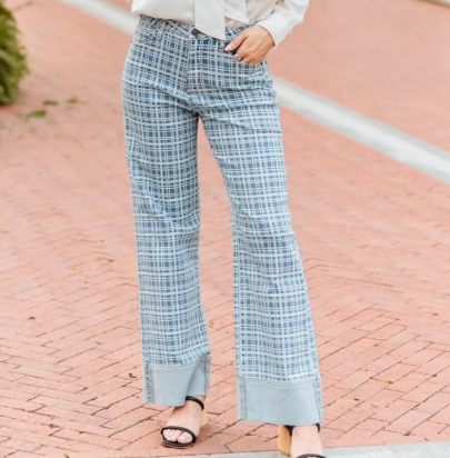 Light Wash Plaid Laser Printed High Rise Cuffed Wide Leg Jeans (31in Inseam)