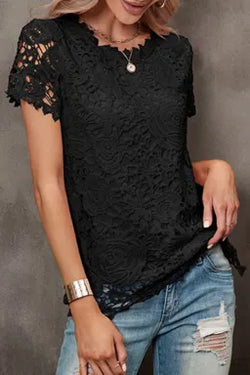 Black Lace Overlay Cut Out Short Sleeve Top