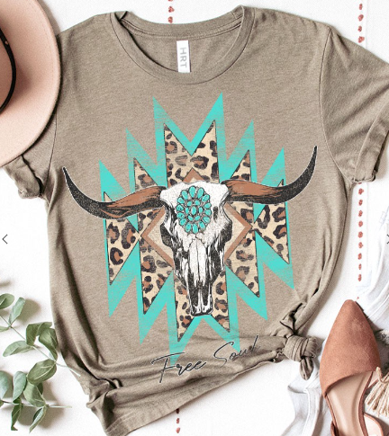 COW SKULL LEOPARD SHORT SLEEVE GRAPHIC TEE