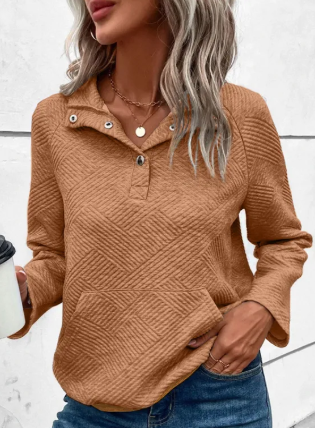 Gold Flame Textured Knit Buttoned Kangaroo Pocket Sweatshirt