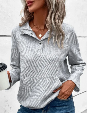 Light Grey Textured Knit Buttoned Kangaroo Pocket Sweatshirt