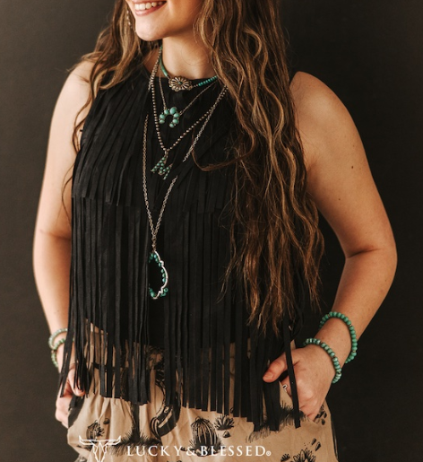 Stretch Suede Fringe Tier Sleeveless Top TO1302-BLK
