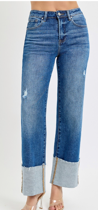 High Rise Ankle Wide Cuffed Risen Jeans RDP5719 DARK