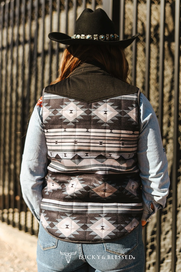 Black Aztec Printed Quilted Reversible Western Yoke