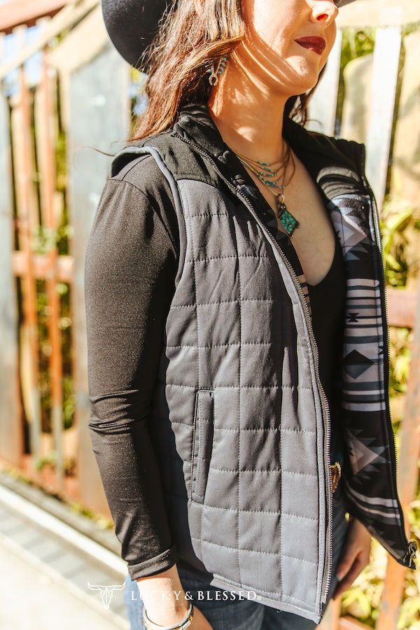 Black Aztec Printed Quilted Reversible Western Yoke
