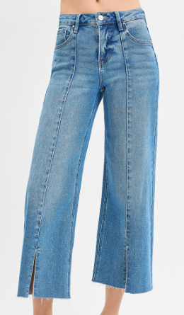 Tummy Control Mid Rise Crop Wide Front Slit Jeans
