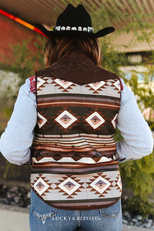 Multi Aztec Printed Quilted Reversible Western Yoke Vest