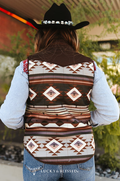 Multi Aztec Printed Quilted Reversible Western Yoke Vest