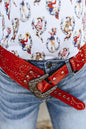 Red or Black Tooled Genuine Leather Studded Wide Belt