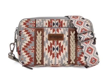 WG2207-3007 Wrangler Southwestern Pattern Dual Sided Print Crossbody Purse With Wallet Compartment