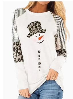 Snowman Leopard Print Crew Neck Long Sleeve