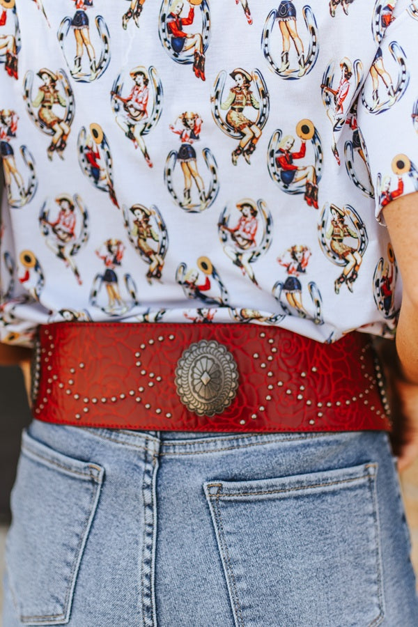 Red or Black Tooled Genuine Leather Studded Wide Belt