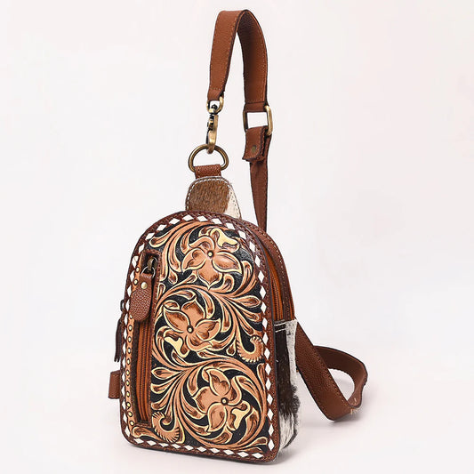 American Darling Tooled Leather Sling Backpack with Cowhide Inlay & White Lacing Trim ADBGA651