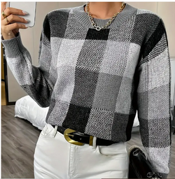 Grey Plaid Pull Over Sweater