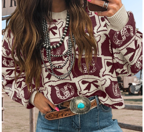 Western Plaid Cowgirl Check Crochet Cozy Sweater