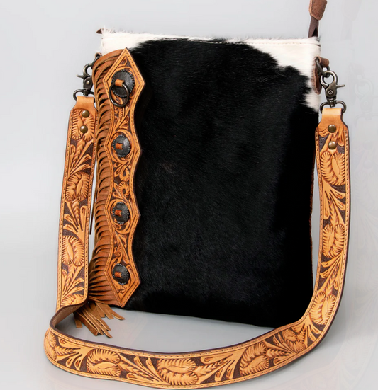 ADBG464BRW Western Chaps-Inspired Cowhide & Tooled Leather Crossbody Bag Rodeo Fringe Edition