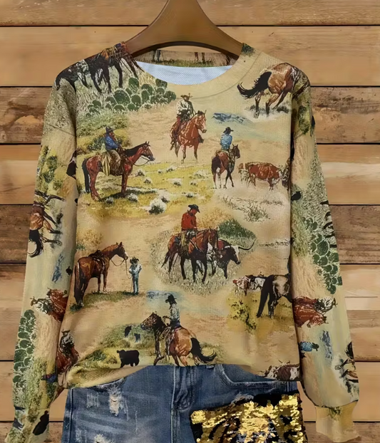 Western Cowboy Print Sweater