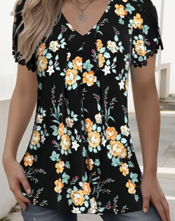 Charming Floral Print V-Neck T-Shirt with Petal Sleeves