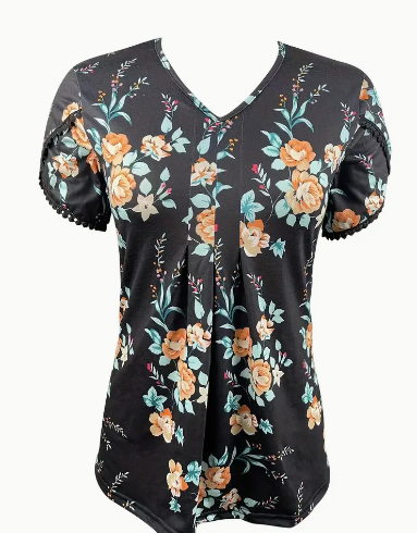 Charming Floral Print V-Neck T-Shirt with Petal Sleeves