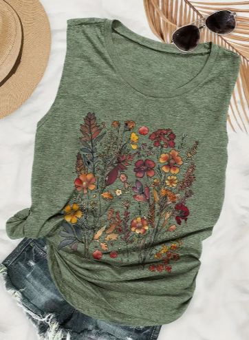 Vibrant Floral Print Crew Neck Tank Top