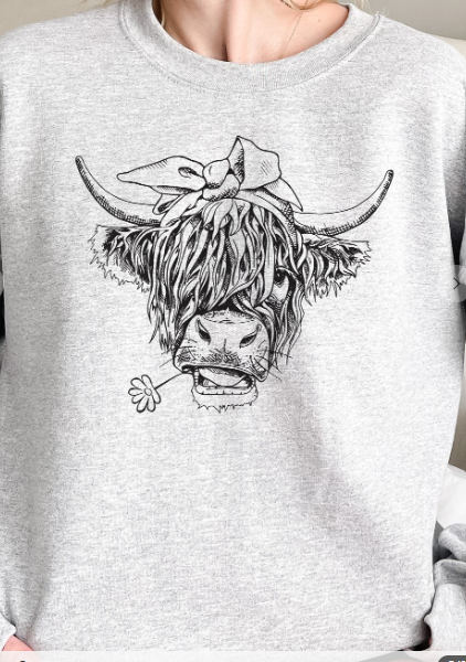 Highland Hairy Cow with Flower - Crew Neck