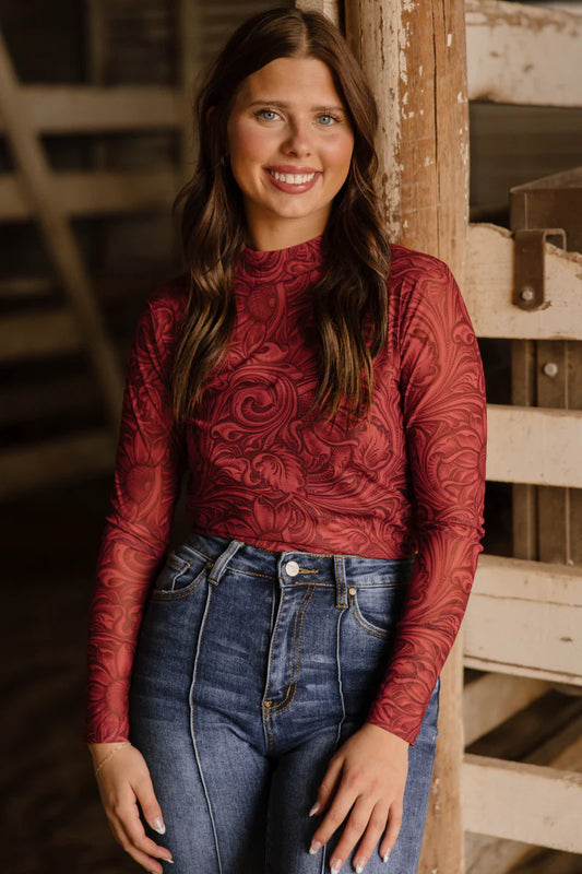 Tooled In Red Mesh Top