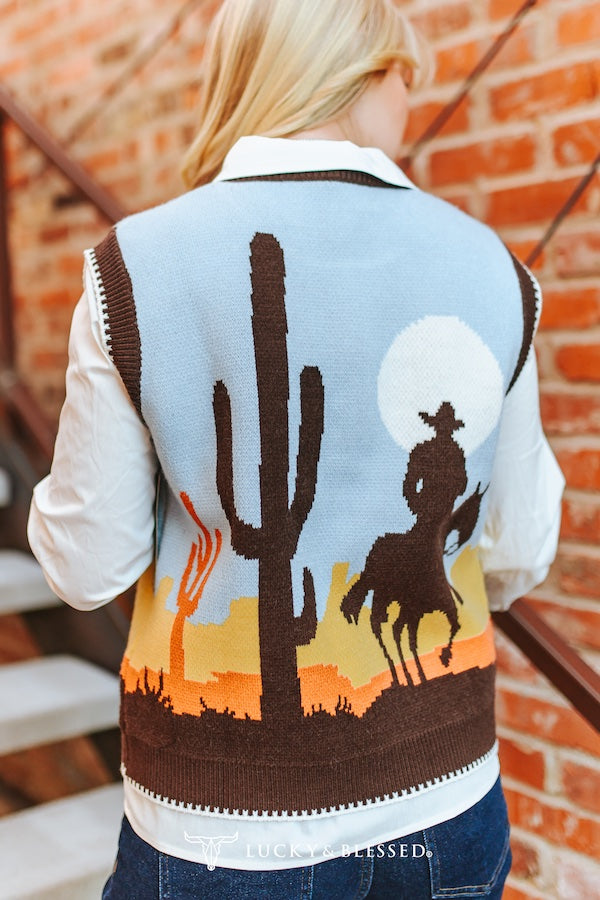 Western Cowboy Sunset Knit Sleeveless Sweater Vest Plus Size