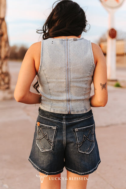 Dark Wash Mid Rise Stretch Denim Contrast Stitching Shorts (5in Inseam)