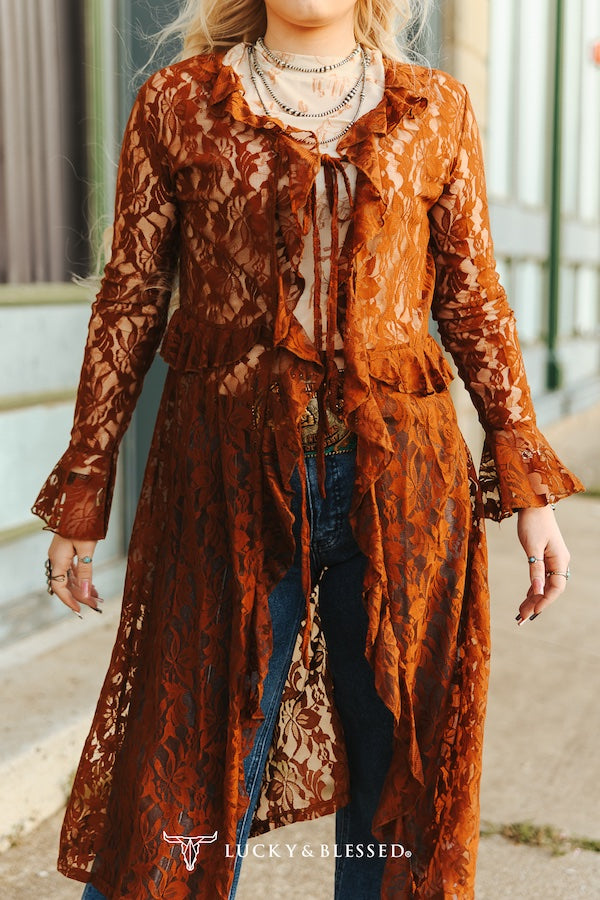 Brown Ruffle Vintage Front Tie Duster Plus Size