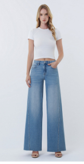 High Rise Medium Wash Twisted Seam Wide Leg Jeans