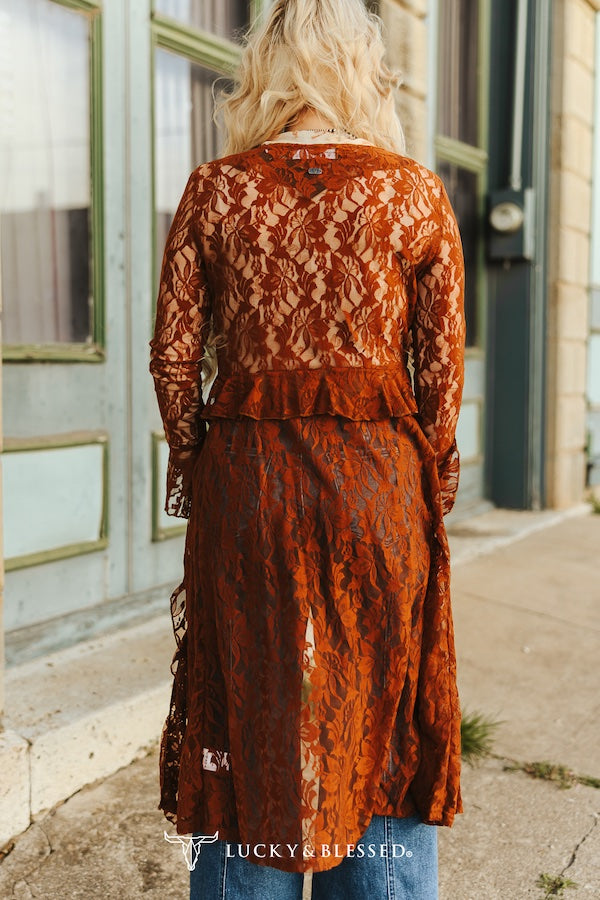 Brown Ruffle Vintage Front Tie Duster Plus Size