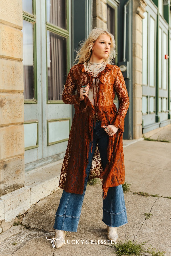 Brown Ruffle Vintage Front Tie Duster Plus Size