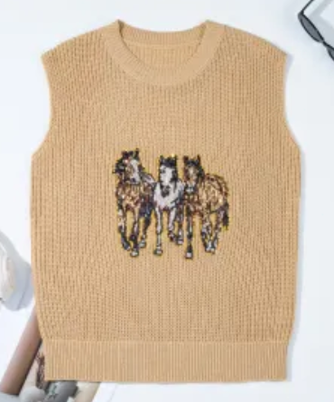 Sequin Horse Graphic Lightweight Knitted Sweater Vest