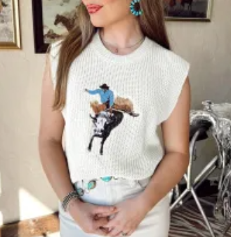 Western Cowboy Embroidery Round Neck Sleeveless Sweater