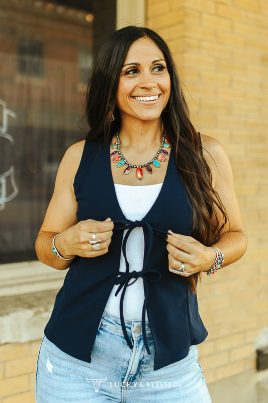 Navy Blue Sleeveless Tie Detail Top