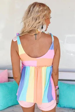 Multicolor Striped Print Tied Shoulder Flowy Sleeveless Shirt