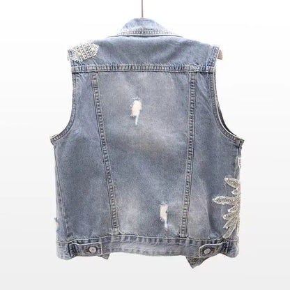Women Fashion Lace Beaded Denim Vest with Polo Collar