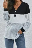 Color Block V Neck Buttoned Rib Long Sleeves Top