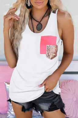 Casual Sequin Pocket Patchwork Leopard Tank Top